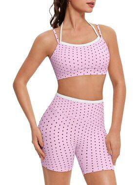 Women Baby Pink Doubel Layer Open Back Activewear Sports Bra & Gym Shorts Set
